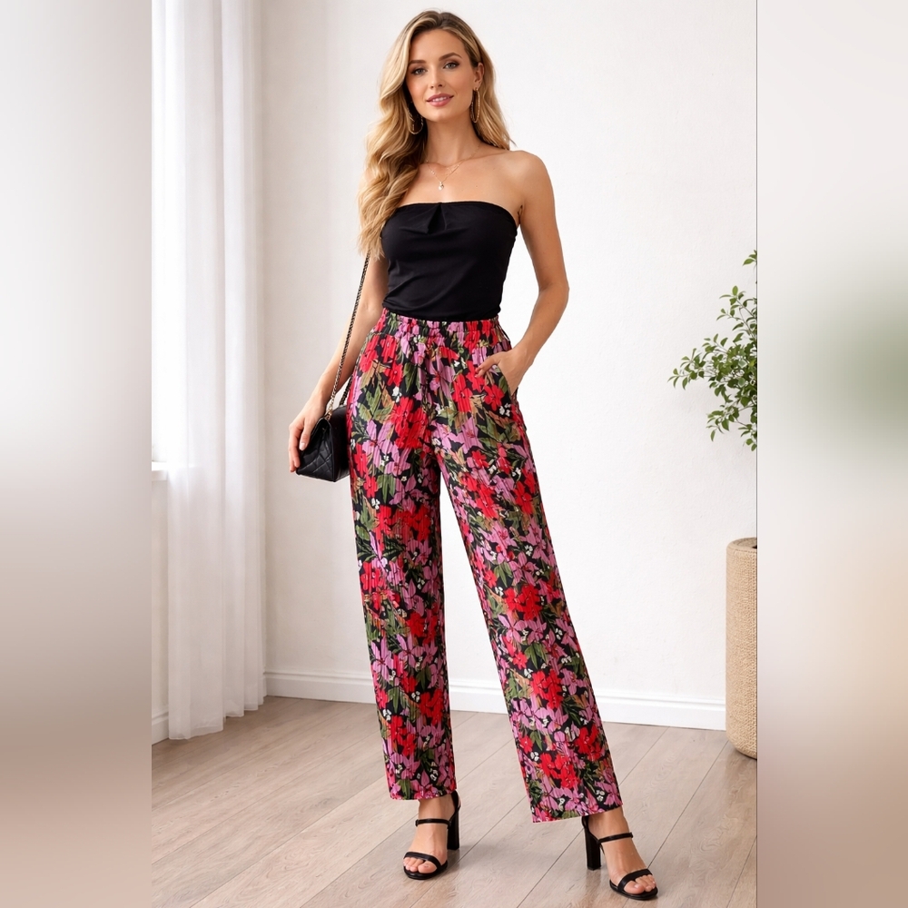 Floral Wide-Leg Women's Pants - Black Background with Red & Pink Floral Print